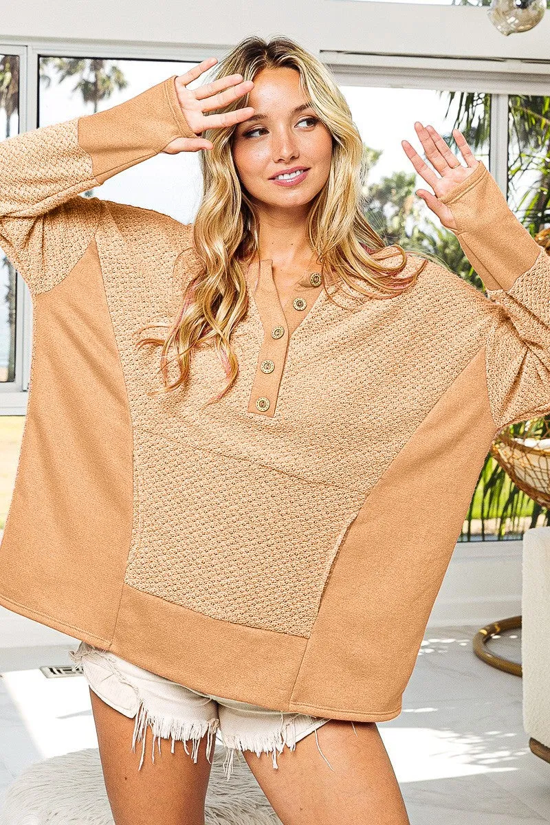 BiBi Thumb Opening Long Sleeve Top with Kangaroo Pocket in Taupe