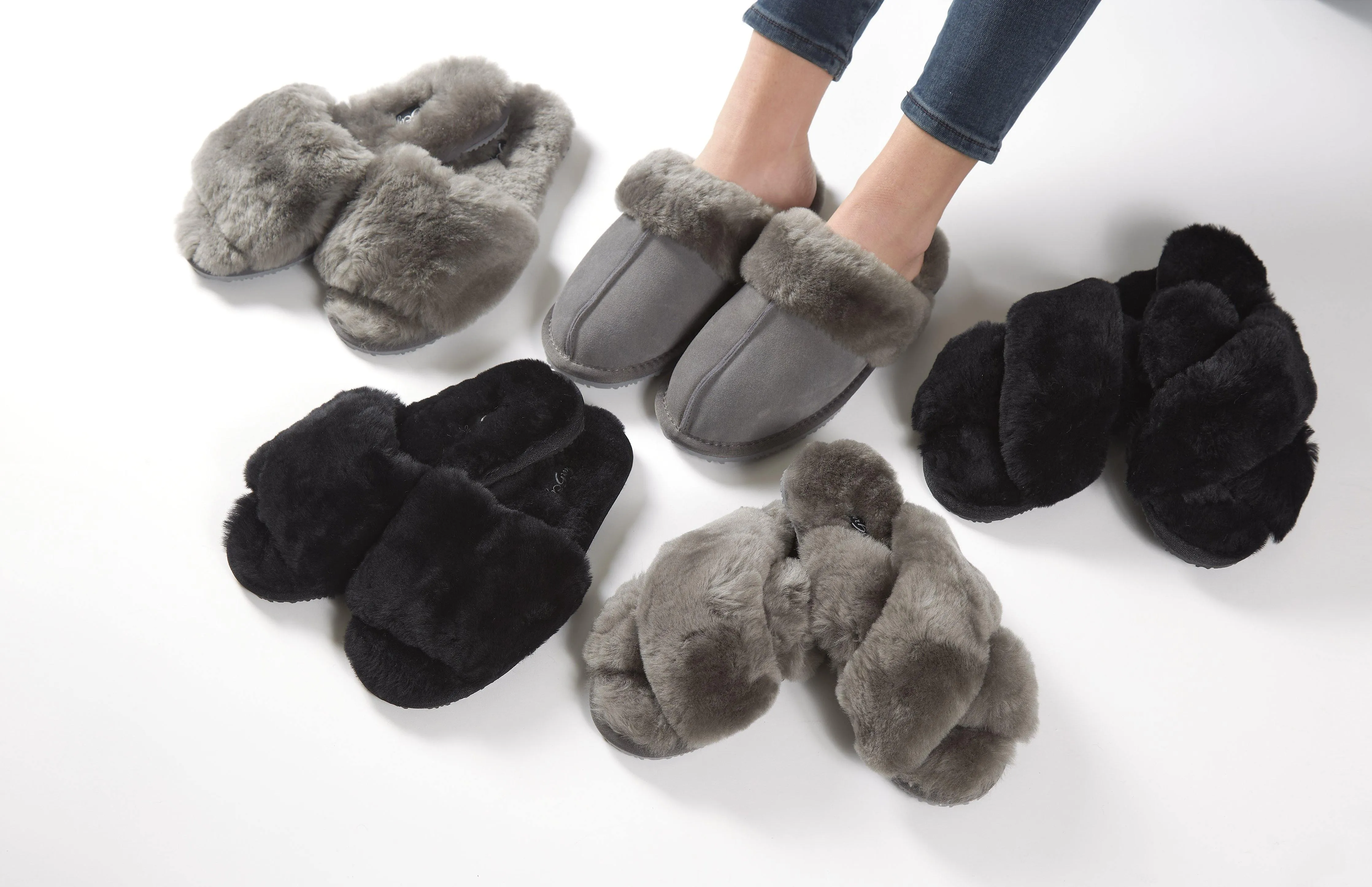 Deep Classic Black Luxury Sheepskin Slipper Slides