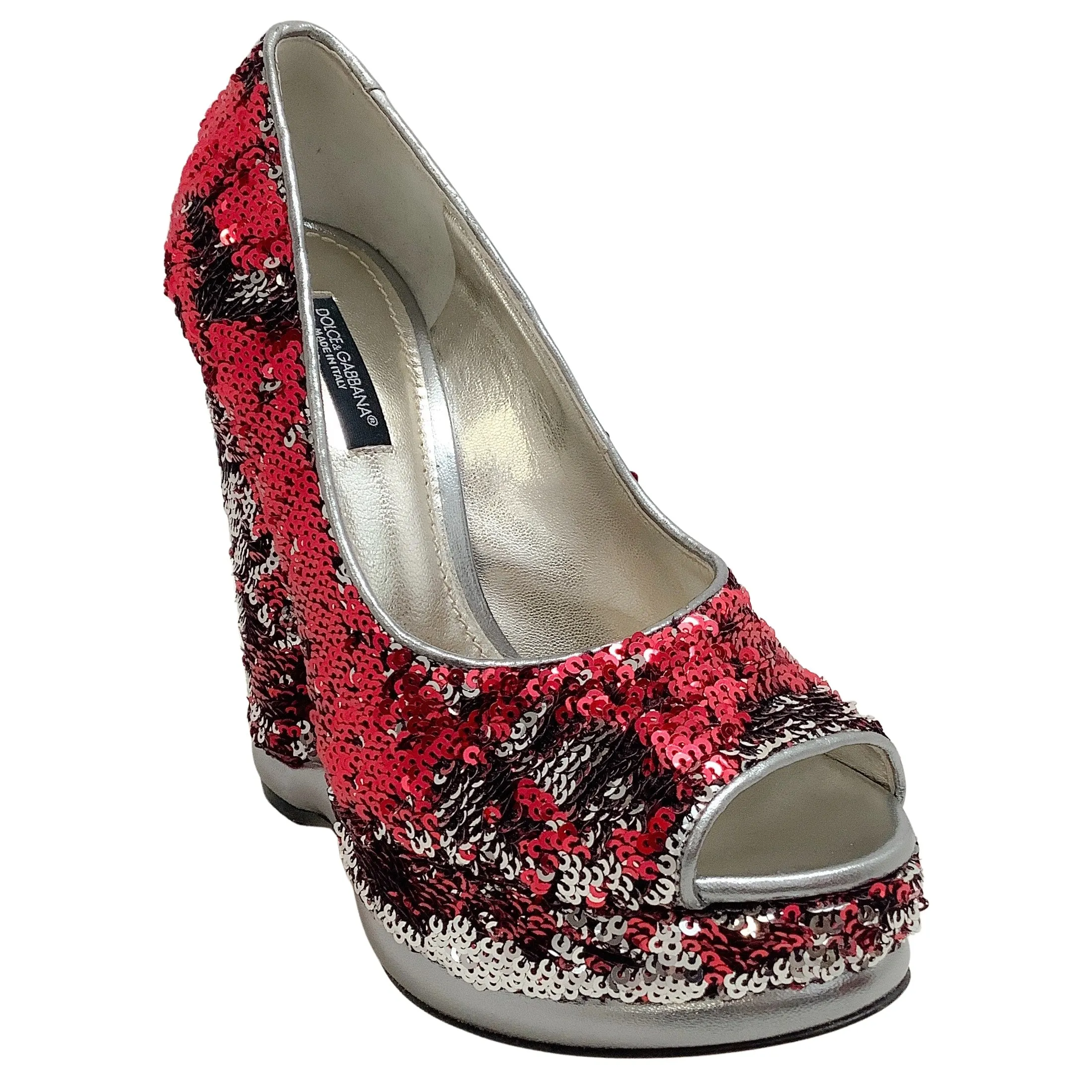 Dolce & Gabbana Red / Silver Sequined Peep Toe Platform Pumps