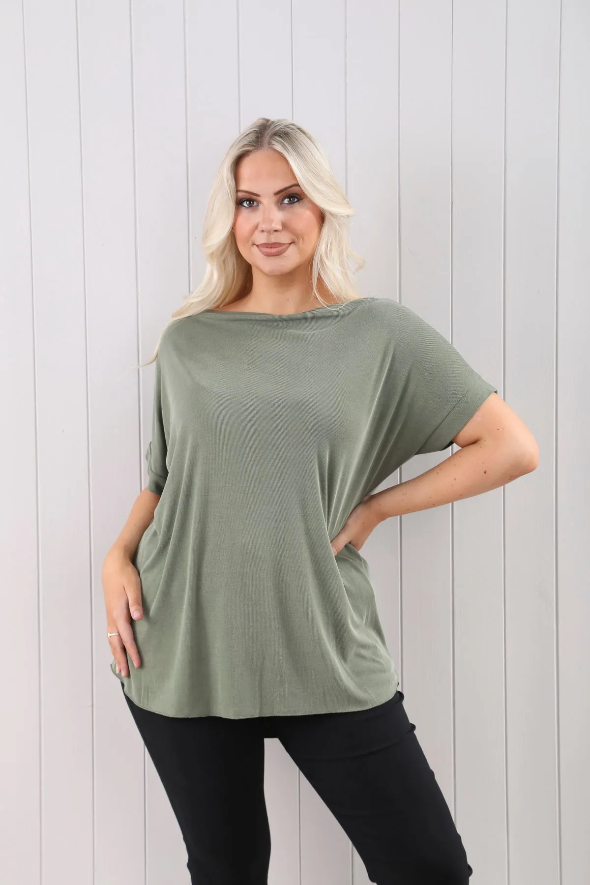 Goose Island Sorrento Plain Stretchy Fine Ribbed Slash Neck Top (3 Colours)