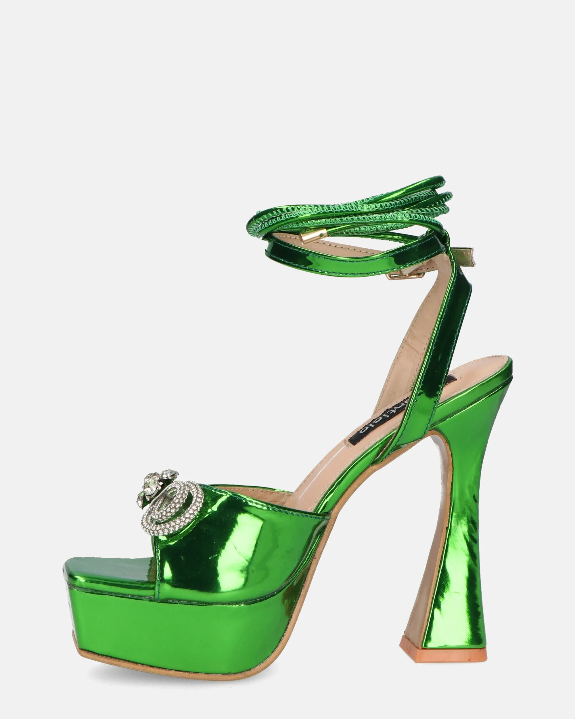 JANINE - tacchi alti con platform in glassy verde e fiocco con gemme