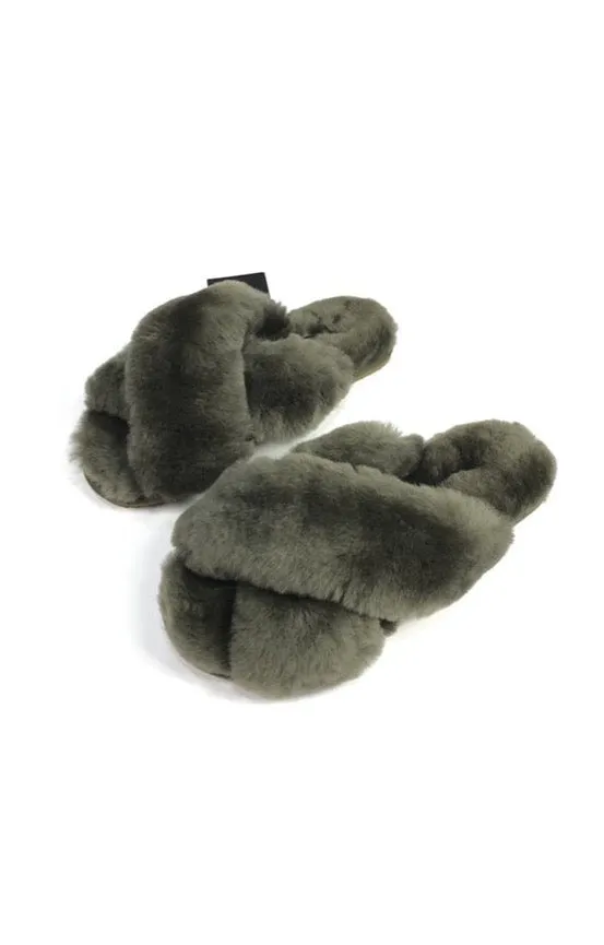 Khaki Green Criss Cross Luxury Sheepskin Slippers