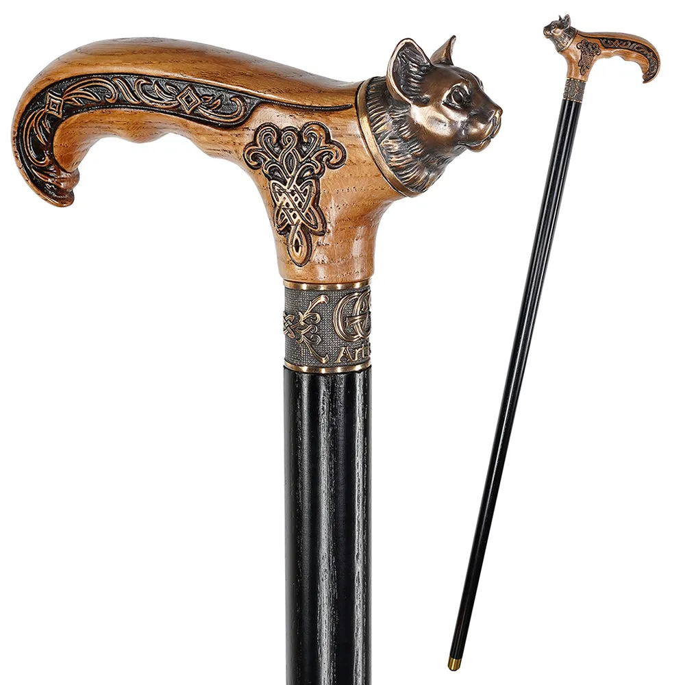 Kitty Head: Bronze & Wood Artisan Intricate Design Cane