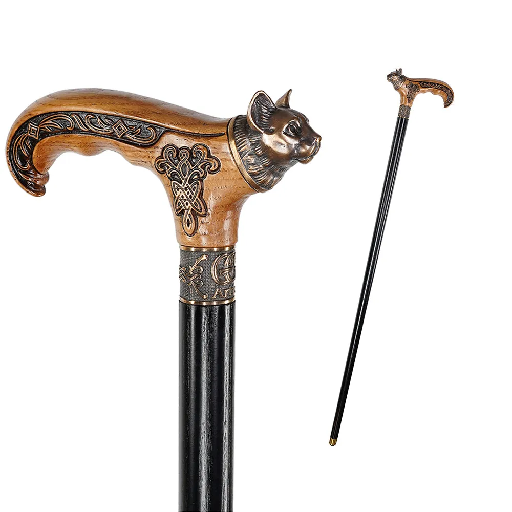 Kitty Head: Bronze & Wood Artisan Intricate Design Cane