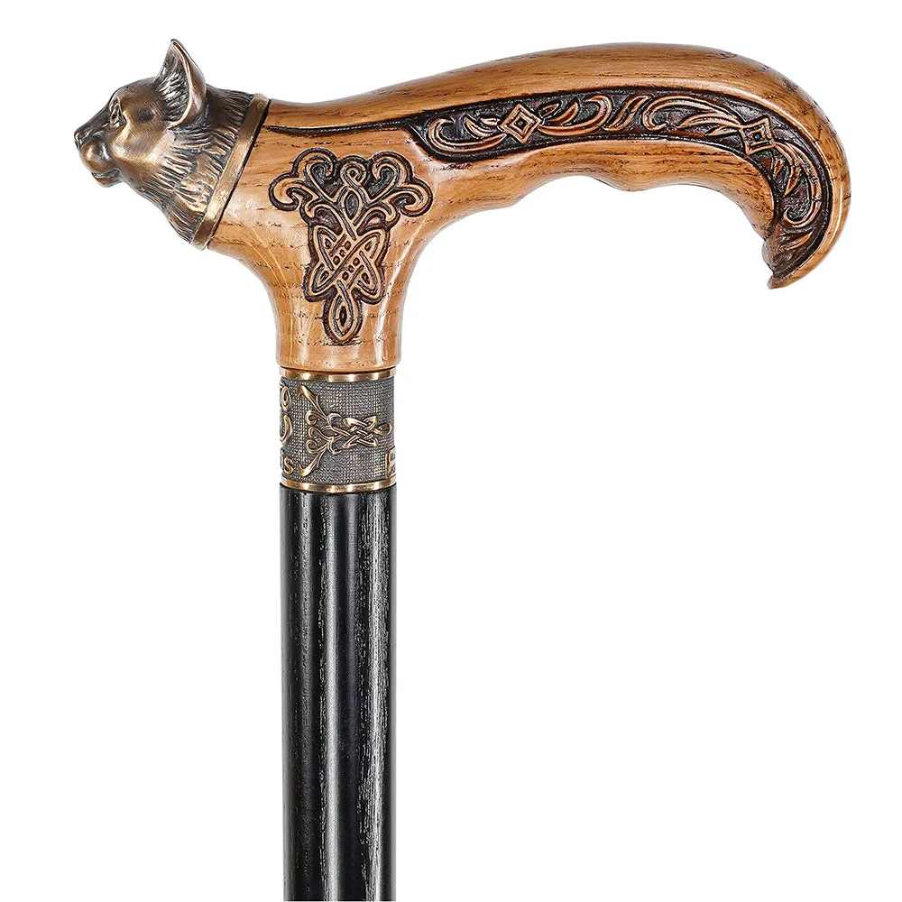 Kitty Head: Bronze & Wood Artisan Intricate Design Cane