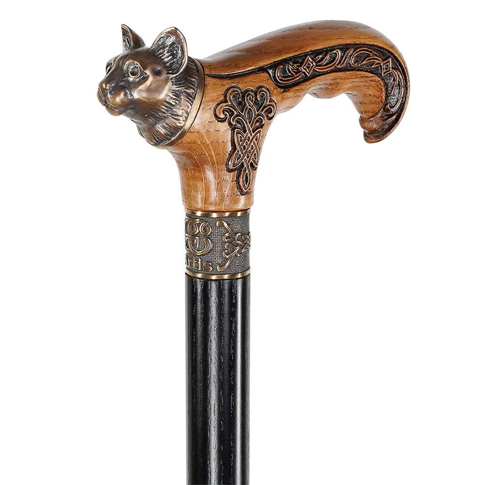 Kitty Head Bronze & Wood Artisan Intricate Handcarved Cane