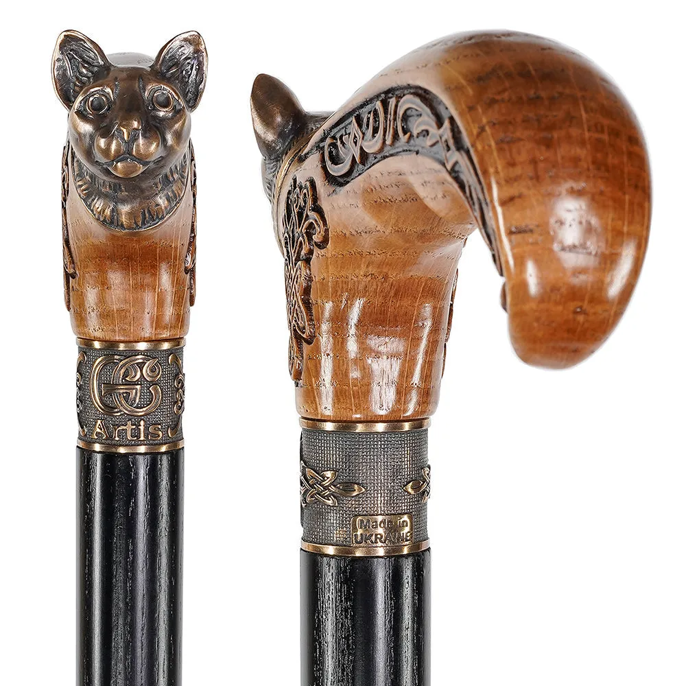 Kitty Head Bronze & Wood Artisan Intricate Handcarved Cane