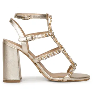 Saint Gretel Stone Embellished Gold Metallic Leather Cage Block Heels